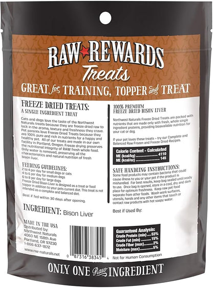 Northwest Naturals Raw Rewards Freeze-Dried Bison Liver Treats for Dogs and Cats - Bite-Sized Pieces - Healthy, 1 Ingredient, Human Grade Pet Food, All Natural, Proudly Made in USA, 3 Oz (Pack of 3)