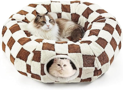 Cat Tunnel Bed with Washable Cushion for Indoor Cat, Donut Cave Tube Toys for Kitten Puppy Rabbit, Brown