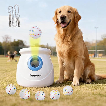Pet Prime Upgraded Automatic Dog Ball Launcher for Large Dogs,Interactive Rechargeable Dog Ball Thrower Launcher Toy,Adjustable 10-64ft,6PCS 2.5" ETPU Balls & 1 Whistle Included,Outdoor Use