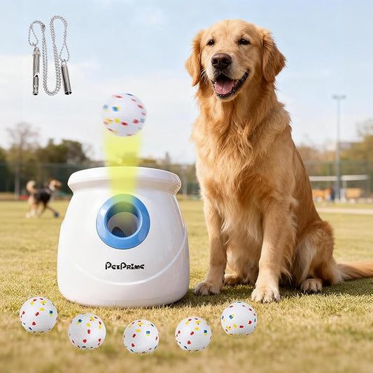 Pet Prime Upgraded Automatic Dog Ball Launcher for Large Dogs,Interactive Rechargeable Dog Ball Thrower Launcher Toy,Adjustable 10-64ft,6PCS 2.5" ETPU Balls & 1 Whistle Included,Outdoor Use