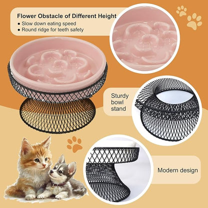 Raised Ceramic Cat Slow Feeder Bowl Elevated Food Bowl with Stand, Cat Slow Bowl for Wet Food and Dry Food, Whisker Friendly Pet Feeder for Kitty and Small Dog