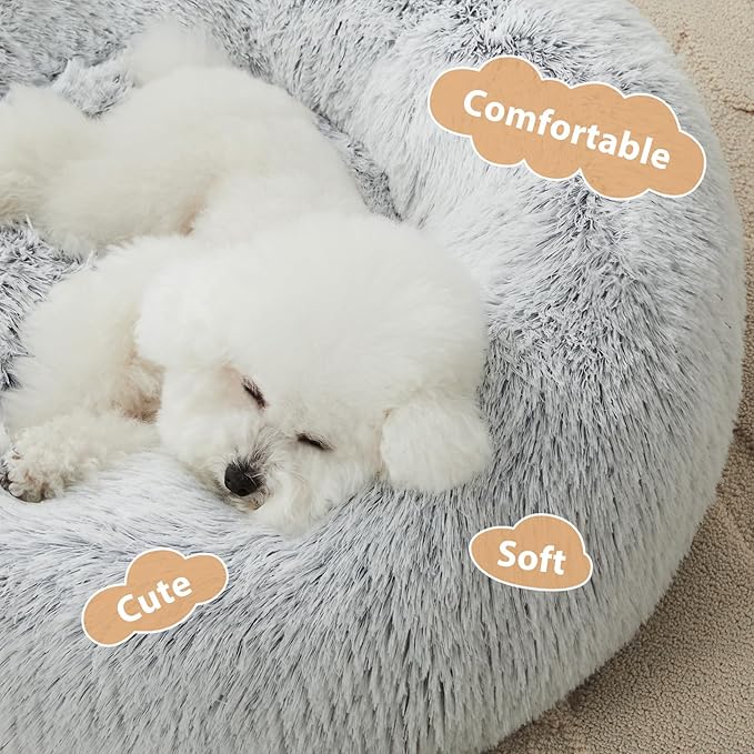 WNPETHOME Calming Dog Bed Cat Bed Donut, Faux Fur Pet Bed Self-Warming Donut Cuddler, Comfortable Round Plush Dog Beds (24 x 24 Inch, Light Grey)