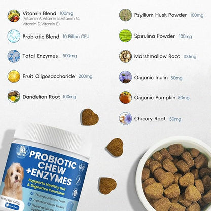 Probiotics Dog Allery Chews for Dogs, Improve Itchy Skin Itchy Ears, Yeast Balance, Gut Health, Probiotics (10 Billion CFU) for Dog Immune Health & Allergy Relief Chews + Vitamins Blend