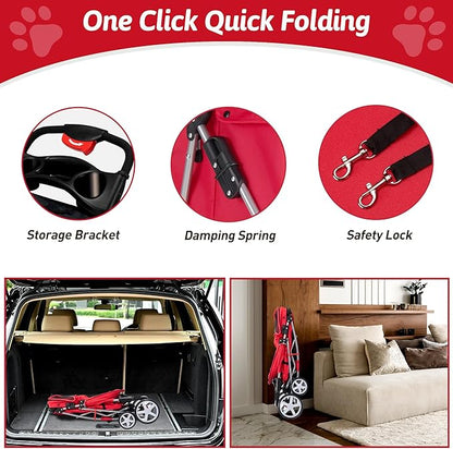 Azaeahom Pet Stroller, 4 Wheels Pet Strolling Cart for Medium/Small Dogs and Cats, Foldable Cat Jogger/Dog Stroller with Cup Holder, Storage Basket, Breathable Mesh, All-Season Pet Carrier, Red