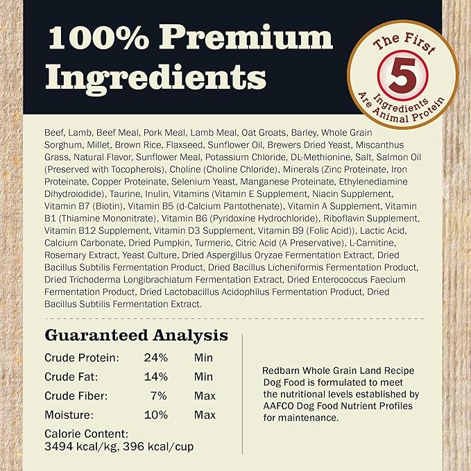 Redbarn Whole Grain Adult Dry Dog Food Kibble - Land Beef Recipe - Made in USA No Chicken Recipe with Functional Ingredients to Support Healthy Heart, Skin, Coat, Immunity & Digestion - 4lb
