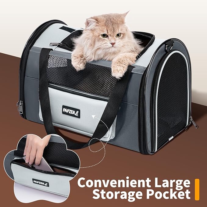Collapsible Small Pet Carrier for Cat 15 lbs with Fashion Pocket, Lightweight Sturdy Travel Carry Bag Little Puppy Dog, Breathable Stylish Kitten Soft Cage Kennel, 17.7x11.0x11.8 Inch Grey