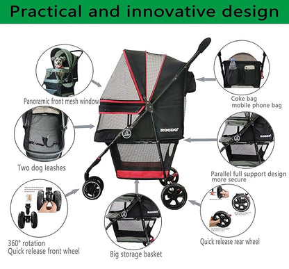 ROODO Escort 3 Wheel Dog Cat Pet Stroller for Small/Medium Dogs Cats Best Lightweight Foldable Portable Compact Jogger Travel All Terrain Pet Gear System Puppy Doggie Bunny Kitty Stroller(Black)