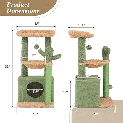 Athena Collection Small Cat Tree Tower with Scratching Post, 33.5 Inch Modern Cute Cat Tree Condo with Cozy Perch Hammock Hanging Ball for Kittens Indoor, Cactus Shade, Light Green