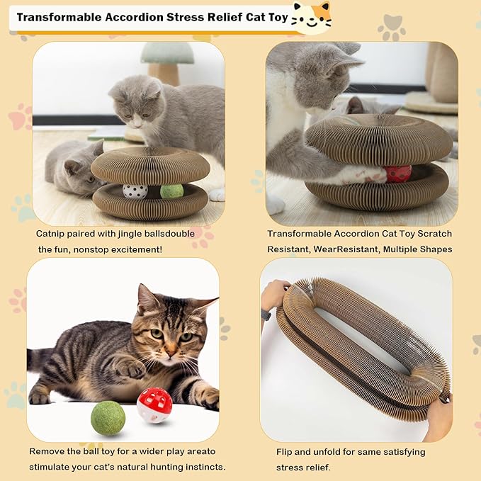 Magic Organ Cat Scratching Board Adventure Toy with Bell and Catnip Balls Foldable and Changeable Shape Accordion Toy Ultimate Interactive Mental & Physical Exercise Cat Toys for Indoor Cats