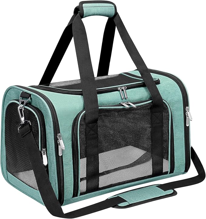 Soft-Sided Cat/Dog/Pet Carrier, Collapsible Pets Travel Carriers for Big Cats/Small Dogs with Shoulder Strap & Removable Mat, Mesh Puppy Carry Bag, Up to 16 Lbs, TSA Airline Approved(Turquoise)