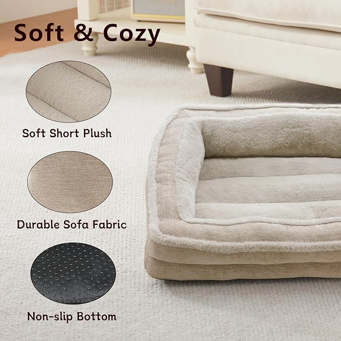 Cat Couch for Pets, Washable Cat Beds for Indoor Cats, Super Soft Plush Supportive Dog Couch Bed for Puppy and Kitten with Anti-Slip Bottom, 24inch, Beige