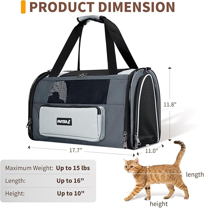 Collapsible Small Pet Carrier for Cat 15 lbs with Fashion Pocket, Lightweight Sturdy Travel Carry Bag Little Puppy Dog, Breathable Stylish Kitten Soft Cage Kennel, 17.7x11.0x11.8 Inch Grey