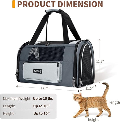 Collapsible Small Pet Carrier for Cat 15 lbs with Fashion Pocket, Lightweight Sturdy Travel Carry Bag Little Puppy Dog, Breathable Stylish Kitten Soft Cage Kennel, 17.7x11.0x11.8 Inch Grey