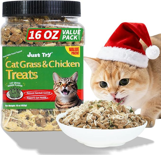 Just Try 16 OZ Cat Grass Jerky Treats for Indoor Cats Natural Chicken Healthy Cat Snacks Training Biscuits Hairball Control & Digestive Aid for Cats