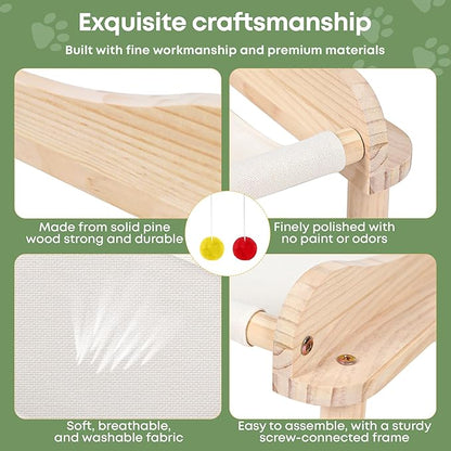 2-Layer Cat Hammock Bed, 24"x15.7"x16.3" Elevated Cat Bed with Pine Wood Frame, Breathable Washable Covers, Wooden Pet Furniture for Indoor Cats and Small Animals(White-2)