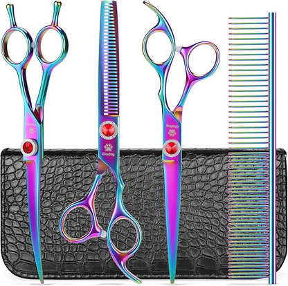 GLADOG 7 Inch Professional Dog Grooming Scissors Kit, 5-in-1 Titanium Coated Pet Grooming Shears Set, Heavy Duty Grooming Scissors for Dogs (Pro Rainbow)