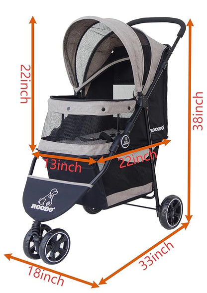 ROODO 3 Wheel Dog Pet Cat Stroller Best Lightweight Foldable Compact Portable Jogger All Terrain Travel Pet Gear Puppy Kitty Stroller for up to 30lbs Medium Small Dogs and Cats(Light Khaki)