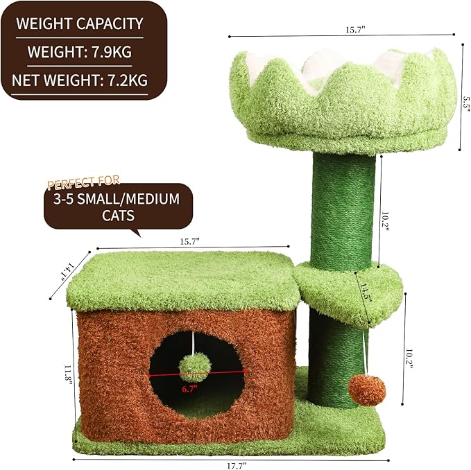 Zamaya Cat Tree for Indoor Cats, 25.9” Tall Cat Tower with Scratching Post, Condo & Window Perch, Stable Design for Adult Cats, Green