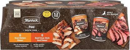 Merrick Grain Free Premium and Natural Canned Dog Food, Soft and Healthy, Real Beef and Chicken Variety Pack - (Pack of 1) 9.5 lb. Cans