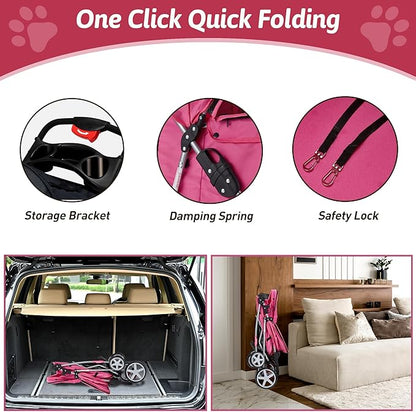 Azaeahom Pet Stroller, 4 Wheels Pet Strolling Cart for Medium/Small Dogs and Cats, Foldable Cat Jogger/Dog Stroller with Cup Holder, Storage Basket, Breathable Mesh, All-Season Pet Carrier, Pink