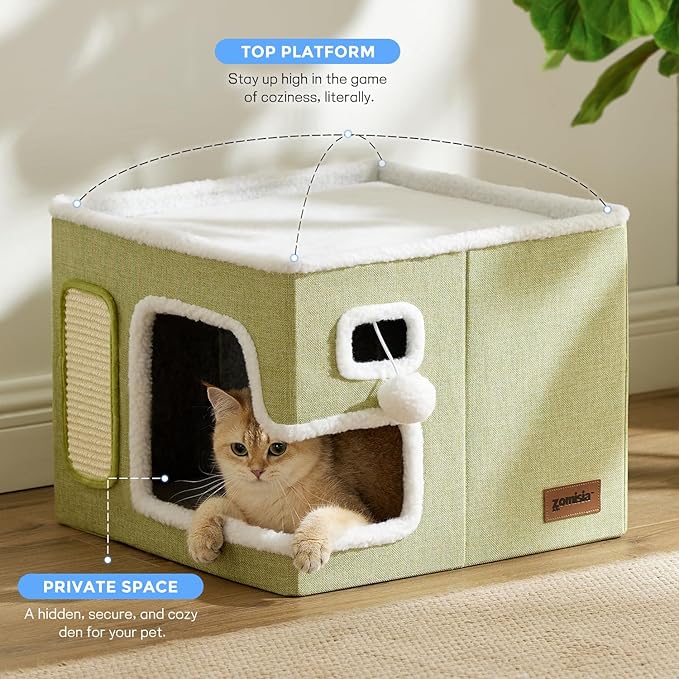 ZOMISIA Heated Cat House for Indoor Cats - Cat Warming Bed for Winter with Fluffy Ball Hanging and Adjustable Heating Pad, Foldable Cat Hideaway,16.5x16.5x13 inches, Navy Blue