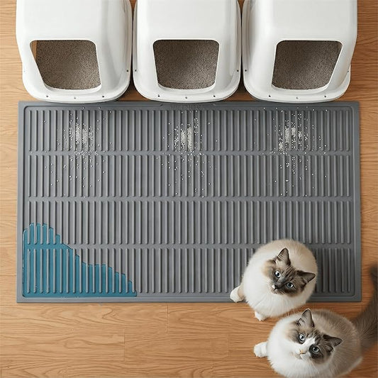 PetNova Extra Large Litter Mat: XL 39"x29" Silicone Waterproof Groove Design Litter Trapping Mat Easy to Clean for Multiple-Cats - Jumbo Non-Slip Cat Box Rug for Floor (Cool Grey)