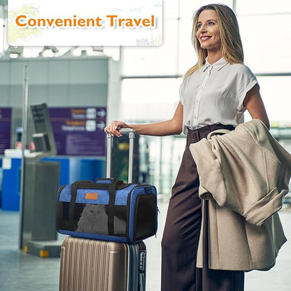 PETUX TSA Approved Pet Carrier in Cabin - 17"x11"x9.5", Underseat, Soft Sided Cat Carriers with Safety Zippers and Anti-Scratch Mesh for Small Cat up to 12 lb, Ideal for Travel and Vet Visit, Blue