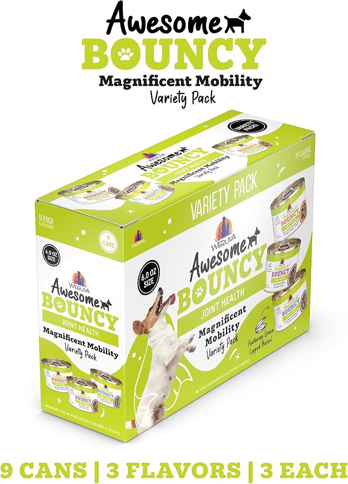 Weruva Awesome Bouncy Wet Dog Food, Magnificent Mobility Variety Pack, 6oz Can (Pack of 9)