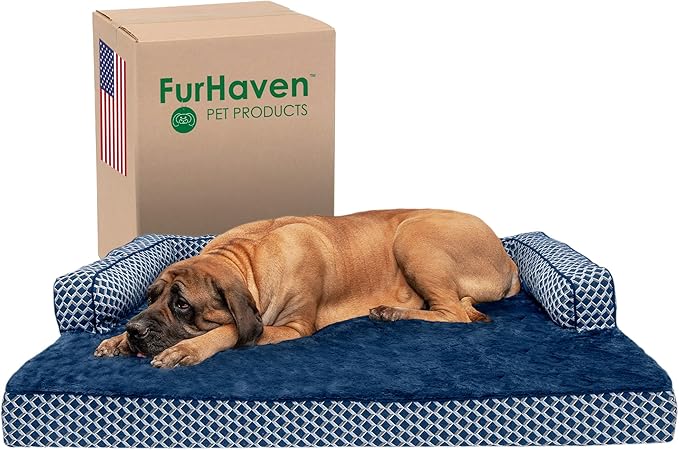 Furhaven Orthopedic Dog Bed for Large Dogs w/ Removable Bolsters & Washable Cover, For Dogs Up to 125 lbs - Plush & Woven Decor Comfy Couch Sofa - Diamond Blue, Jumbo Plus/XXL
