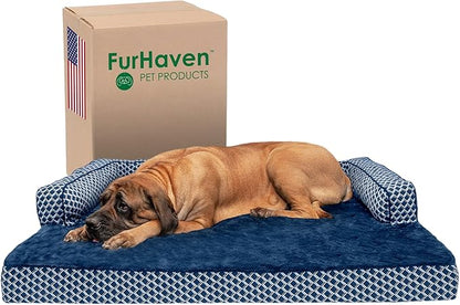 Furhaven Orthopedic Dog Bed for Large Dogs w/ Removable Bolsters & Washable Cover, For Dogs Up to 125 lbs - Plush & Woven Decor Comfy Couch Sofa - Diamond Blue, Jumbo Plus/XXL
