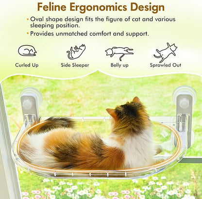 AMOSIJOY Transparent Cat Window Perch, Easy to Install & Clean Cat Hammock with 4 Enlarged Suction Cups for Large Cats, Panoramic Space Capsule Window Seat with Cozy Furry Mat