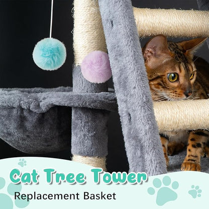 3 Pack 14.6" Large Cat Tree Hammock Basket Bed Lounger Tower Replacement Parts with 6 Pcs Hanging Elastic Strings Pom Pom Toys, Cat Tree Accessories Hammock Attachment (Gray)