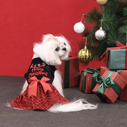 CuteBone Christmas Dog Dresses Velvet Holiday Small Dogs Clothes Onesie Pet Apparel Girl Puppy Skirt with Bow Hair Rope CVA59M-D