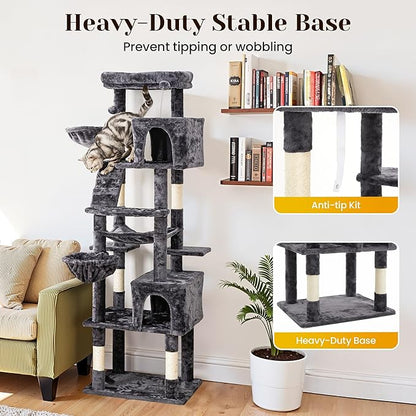 Large Cat Tree with Scratching Posts, Bed, Hammocks & Condos – Multi-Level Cat Tower for Playful Cats, 73" Modern Jungle Gym for Multiple Cats, Grey