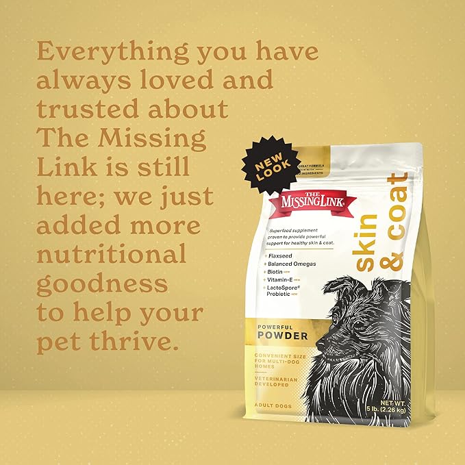 The Missing Link Skin & Coat + Probiotics Supplement 5lb Bag - Powerful Superfood Powder for Dogs Supports Healthy Skin & Glossy Coat, Promotes Hair Growth