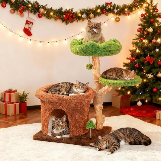 32-Inch Multi-Level Cat Tree Tower, Natural Wood Cat Furniture with Sisal Scratching Posts, Beds & Condo, Cute Cat Tree for Indoor Cats and Multi-Cat Households