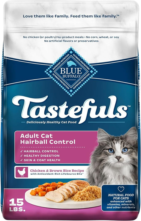 Blue Buffalo Tastefuls Natural Dry Food for Adult Cats, Hairball Control, Chicken & Brown Rice Recipe, 15-lb. Bag