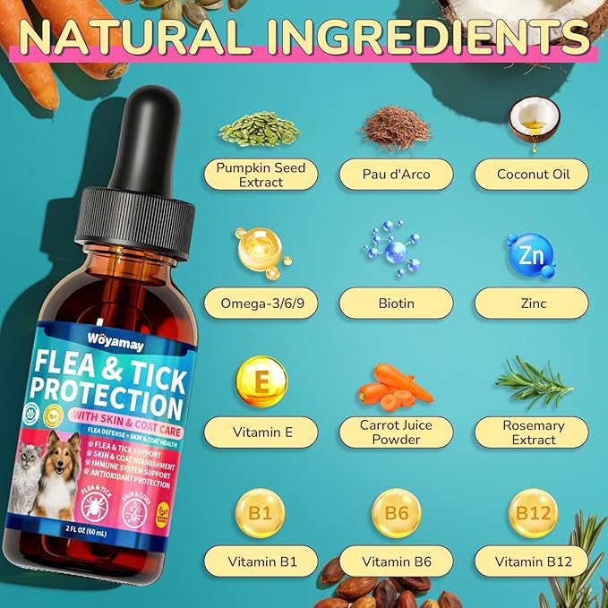 Flea Defense + Skin & Coat Support, Natural Flea and Tick Prevention for Dogs & Cats, Dog & Cat Flea Treatment with Pumpkin Seed & Omega-3/6/9, Flea Drops for All Breeds & Ages, Chicken Flavor