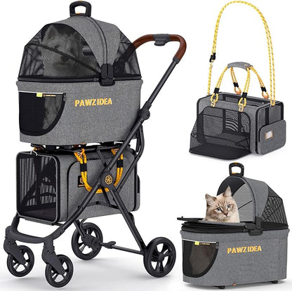 PAWZIDEA Double Pet Stroller with 2 Detachable Carriers, Portable Dog Crate for Car Travel & TSA-Approved Expandable Cat Carrier, Foldable Lightweight Jogger Stroller for 2–4 Cats or Small/Medium Dogs