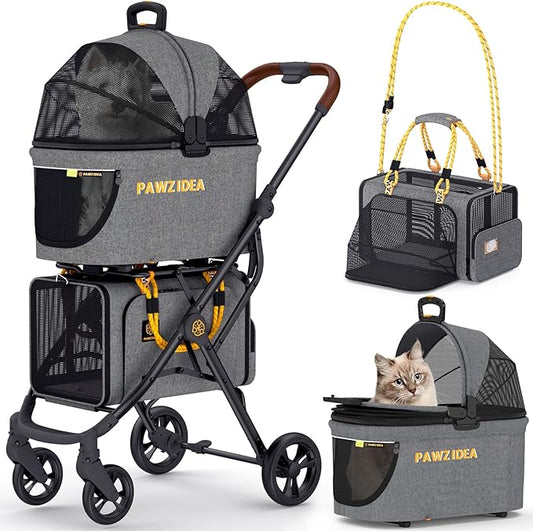 PAWZIDEA Double Pet Stroller with 2 Detachable Carriers, Portable Dog Crate for Car Travel & TSA-Approved Expandable Cat Carrier, Foldable Lightweight Jogger Stroller for 2–4 Cats or Small/Medium Dogs