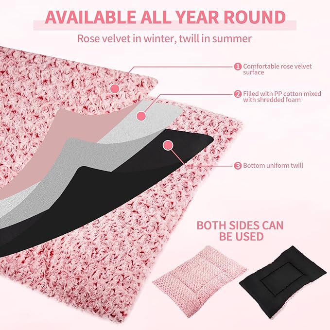 Washable Dog Bed Mat Deluxe Plush Reversible Pet Crate Pad Comfy Pet Kennel Beds Dog Sleeping Mat for Large Jumbo Medium Small Dogs, 29'' x 18'', Pink