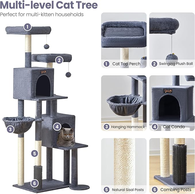 Cat Tree Tower for Indoor Cats Large Adult - 65 inch Extra Tall Cat Condo Trees with Scratching Post Hammock Perch - XL Sturdy Big Heavy Duty Multi Level Cat House Towers - Kitty Climbing Furniture