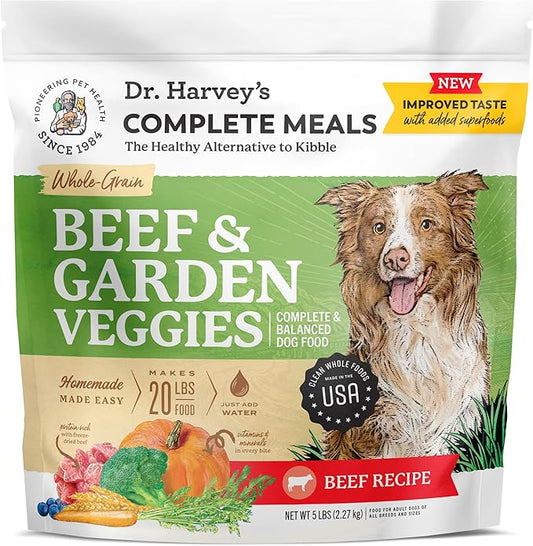 Dr. Harvey's Beef & Garden Veggies Dog Food, Human Grade Whole-Grain Dehydrated Dog Food with Freeze-Dried Beef (5 Pounds)