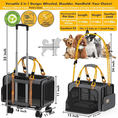 PAWZIDEA Expandable Pet Carrier with Wheels, 18"X11"X11" TSA-Approved Cat Carrier for 2 Cats Under Seat, Soft-Sided Top Load Dog Carrier for Small Dogs Rolling Travel Bag w/Telescopic Handle, ID Card