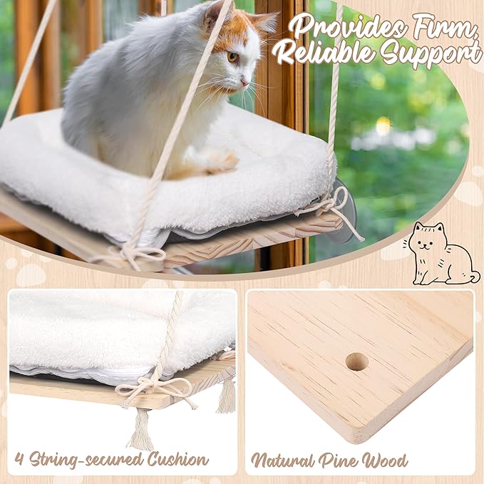 MCEAST Cat Window Perch with Cushion Bed Fluffy Blanket 4 Strong Suction Cups Hanging Window Shelf Easy to Install Solid Window Hammock for Small Medium Indoor Cats, Natural Wood Color