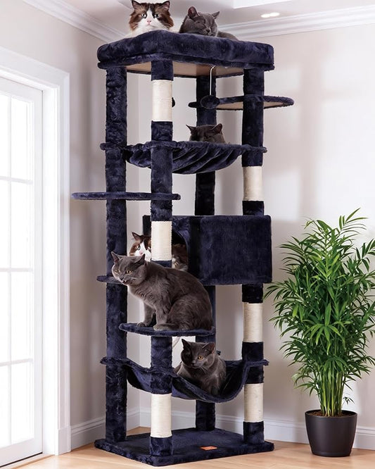 Heybly Cat Tree for Large Cats 20 lbs Heavy Duty,69 inches XXL Cat Tower for Indoor Cats,Multi-Level Furniture Condo with Big Padded Plush Perch,Cozy Basket HCT031G