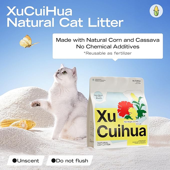 Natural Cat Litter Unscented, 100% Plant-Based, Strong Clumping Litter, Easy Scooping, Clumps Lift Cleanly, Chemical-Free, Low Dust, Corn & Cassava Litter, 5.5 LB