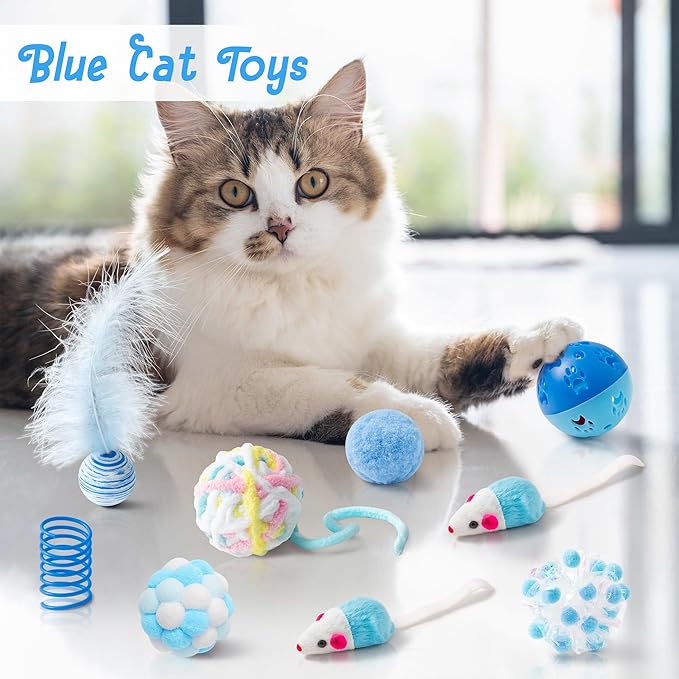 MALLMALL6 10Pcs Cat Toy Set Including Cat Springs Feather Teaser Wand Mice Crinkle Balls and Pet Bell Balls, Puzzle Interactive Pet Gift Pack Toys for Indoor Kitten (Blue)