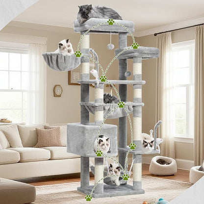 Cat Tree, Cat Tower for Large Cats with 2 Big Platforms, 2 Baskets, condo and Toys, 63" Cat Scratching Posts for Indoor Cats, Light Gray GCT020W