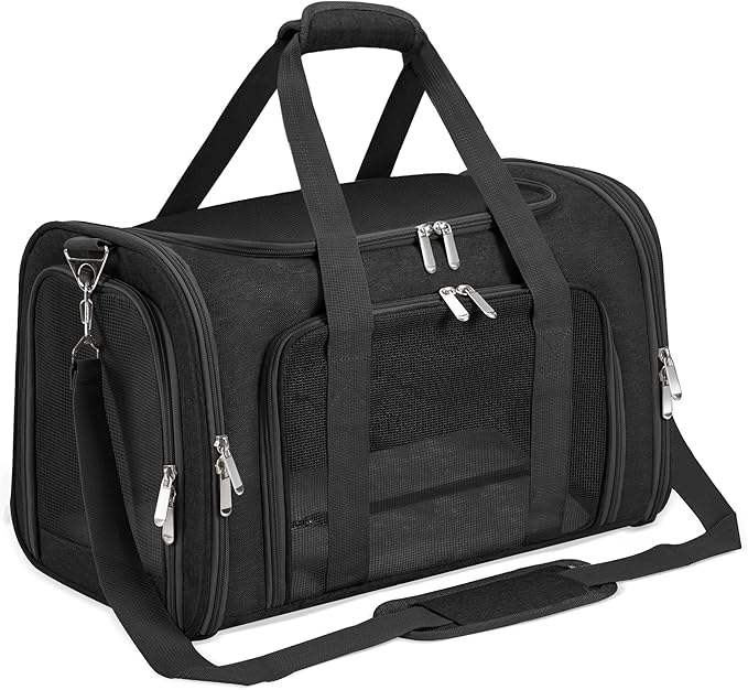 Soft-Sided Cat/Dog/Pet Carrier, Collapsible Pets Travel Carriers for Big Cats/Small Dogs with Shoulder Strap & Removable Mat, Mesh Puppy Carry Bag, Up to 16 Lbs, TSA Airline Approved(Black)